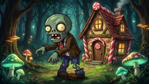 Un copil zombie drăguț care merge spre o casă de dulciuri într-o pădure întunecată. — Drăguț de Halloween Fundal