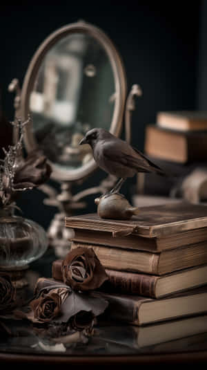 corb,gotic,cărți,vintage,ornamente,mistic,academie întunecată,fantezie,pasăre,studiu,încântător,melancolic,natură statică,antic,cunoaștere