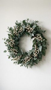 O coroană simplă de eucalipt pe un perete alb, în stil scandinav. — Estetic de Crăciun Fundal