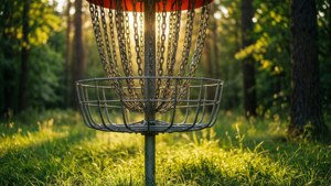 Cos de disc golf scăldat în lumina caldă a apusului, într-o poiană din pădure. — Detaliat Fundal