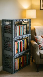 A cozy reading nook with a milk crate bookshelf filled with colorful books. — iPhone 5 Fundal