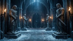 Criptele întunecate de sub Winterfell cu statui ale familiei Stark — Game of thrones sezonul 8 Fundal