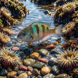 Un pește cromis într-o baltă de maree vibrantă, cu pietricele și anemone. — Pixel Watch 3 Fundal