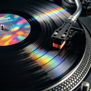 O macro-fotografie a unui disc de vinil cu reflexii colorate de lumină. — Muzică estetică Fundal
