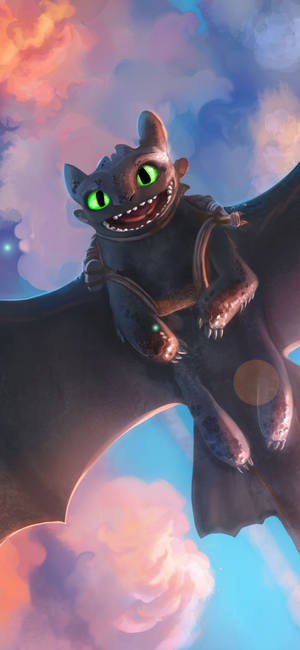Fond de ecran cu Toothless din Cum Să Îți Dresezi Dragonul în cerul roz. — iPhone 12 Fundal
