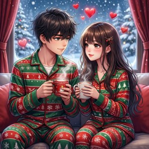 Cuplu anime în pijamale de Crăciun privind zăpada