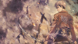 Jean Kirstein în uniforma corpului de instrucție, în mijlocul fumului care se ridică, într-un wallpaper fan art Attack On Titan.