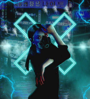 Fond de ecran cu fată cyberpunk purtând mască pe fundal neon albastru — Motorola Razr Fold Fundal