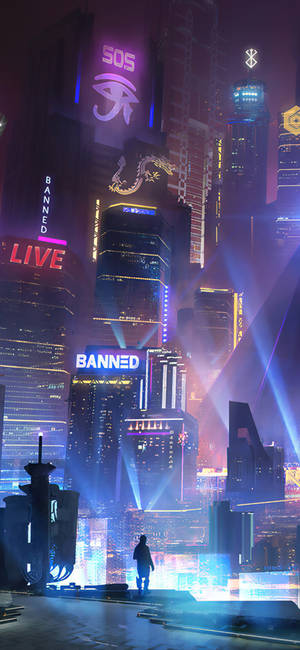 Oraș Noaptea Cyberpunk iPhone X — Oraș neon Fundal
