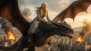 Daenerys Targaryen zboară cu Drogon deasupra King's Landing-ului în flăcări — Game of thrones sezonul 8 Fundal