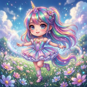 Fetita anime chibi unicorn dansând într-un câmp sclipitor. imagine de fundal