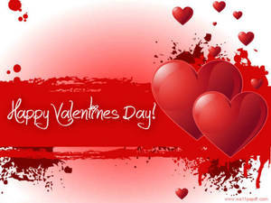 Inimi roșii de dragoste și textul „Happy Valentine's Day” scris în alb lângă ele, pe un fundal roșu cu stropi de vopsea roșie. — 4:3 Fundal