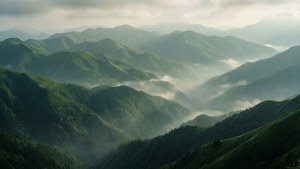 Dealuri verzi stratificate, invaluite in ceata, care evoca un sentiment de grandoare si liniste. — Estetică verde GIF Fundal