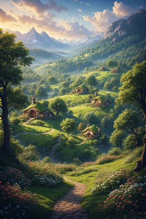 Hobbiton, case hobbit, dealuri verzi, fantasy, grădini, înflorire, basm, răsărit, călătorie, peisaj, 4K — 4K Fundal