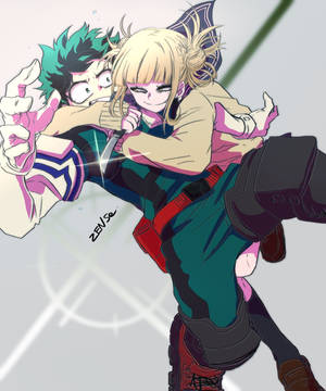 Wallpaper fan art cu Toga îmbrățișându-l pe Deku — Galaxy Z Fold 5 Fundal