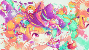 Wallpaper cu dulciuri kawaii vrăjitoare având dulciuri.