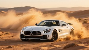 Mercedes-AMG GT R alb derapând în deșert la ora de aur