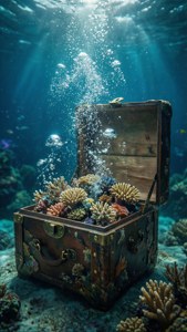 O cutie deschisă sub apă, cu bule și un recif de corali în interior, temă oceanică surrealistă. — iPhone 5 Fundal