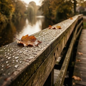 Fotografie macro a balustradei de pod din lemn în Meppel, cu rouă și frunze. — Pixel Watch 5 Fundal
