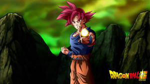 Tapet cu Goku Super Saiyan Dumnezeu pe un cer galactic verde.