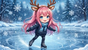 Fată anime cu păr roz patinând pe un iaz înghețat iarna.