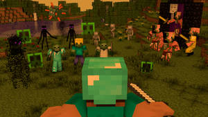 Minecraft personaj principal răufăcători luptând pe câmp wallpaper