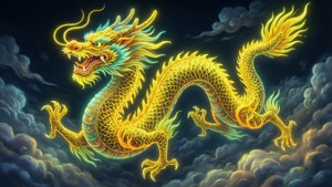 Un dragon chinezesc tradițional cu accente galben neon în nori, fundal de ecran auspicios.