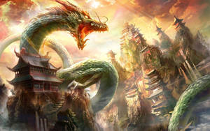 Dragon japonez PC pe temple și coline