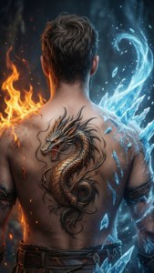 Rog Ally cu decal de dragon și efecte elementale, stil fantasy.