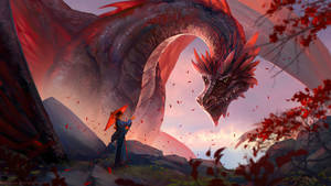 Dragon Roșu Uriaș cu o Fată — Roșu estetic GIF Fundal
