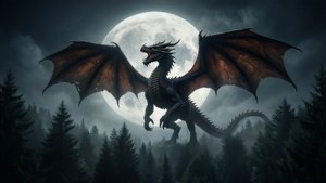 O scenă fantasy întunecată ultrawide cu dragon și lună. — 5120x1440 Fundal