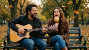 Vivo și Andrés cântă împreună pe o bancă în parc, toamna. — Vivo Fundal
