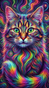 Pisica Cheshire trippy cu dungi curcubee și vârtejuri neon. imagine de fundal