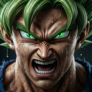 Prim-plan al feței emoționale a lui Broly în timpul transformării. — Pixel Watch 5 Fundal
