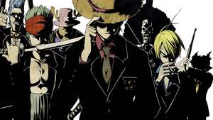 Echipajul masculin al Pălăriei de Paie din One Piece arătând elegant în costum negru fundal.
