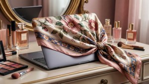 Un Chromebook decorat cu un eșarfă de mătase florală pe o măsuță de toaletă. — Chromebook Fundal