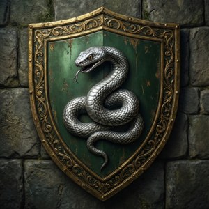 Stemă clasică Slytherin pe piatră.