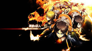 Eren, Mikasa și Armin din anime-ul Atacul Titanilor cu un traseu de foc aprins, fundal.