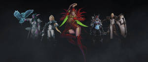 Wallpaper teaser cu eroi și răufăcători din StarCraft în jocul video Heroes of The Storm. — 3440x1440 Fundal