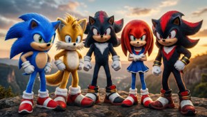 Sonic și prietenii săi pozează împreună la apus pe o stâncă. — Sonic Fundal
