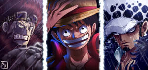 Eustass Kid, Law și Luffy zâmbind — One piece desktop Fundal
