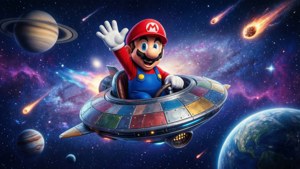 Mario călărește o navă spațială printr-o galaxie plină de stele, făcând cu mâna, cu planete și comete în jur.