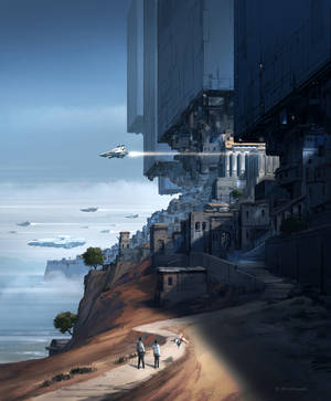 Wallpaper fantastic frumos al unui oraș futurist lângă mare. — Galaxy Z Fold 5 Fundal