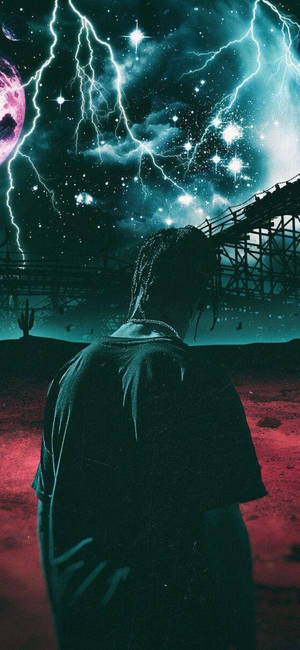 Fond de ecran Astroworld cu imaginea estetică a lui Travis Scott și un fundal cu fulgere.