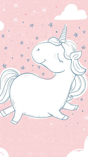 Unicorn alb drăguț făcut din linii subțiri albastre cu stele pe un perete roz.