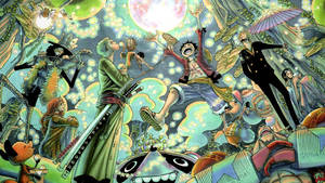 Pirații Pălăriei de Paie într-un wallpaper fan art One Piece estetic, albastru turcoaz.