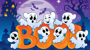 Fond de ecran Halloween cu fantomă cartoon jucăușă