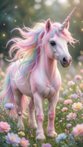 Un unicorn magic pastelat cu coamă curcubeu într-un câmp de flori pastelate. — Pastel Fundal