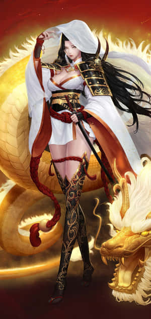 Fantezie Samurai Fata Anime Dragon Auriu — Redmi Note Fundal