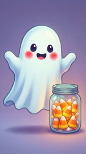 Fantoma drăguță de desen animat cu bomboane de porumb, un fundal dulce de Halloween. — Drăguț de Halloween Fundal